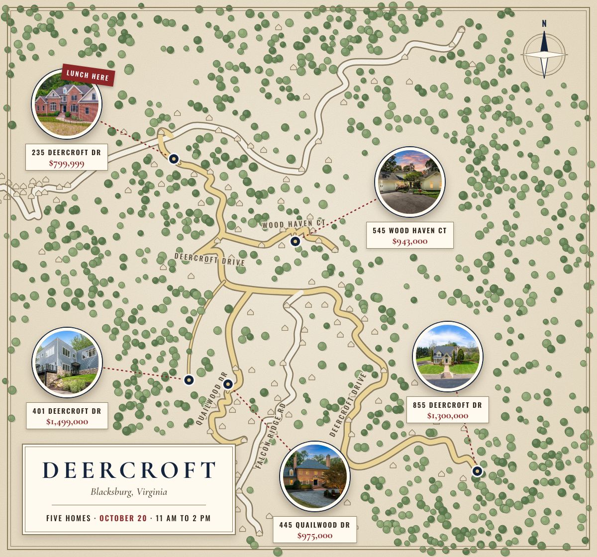 Illustrated map of Deercroft with the five tour homes